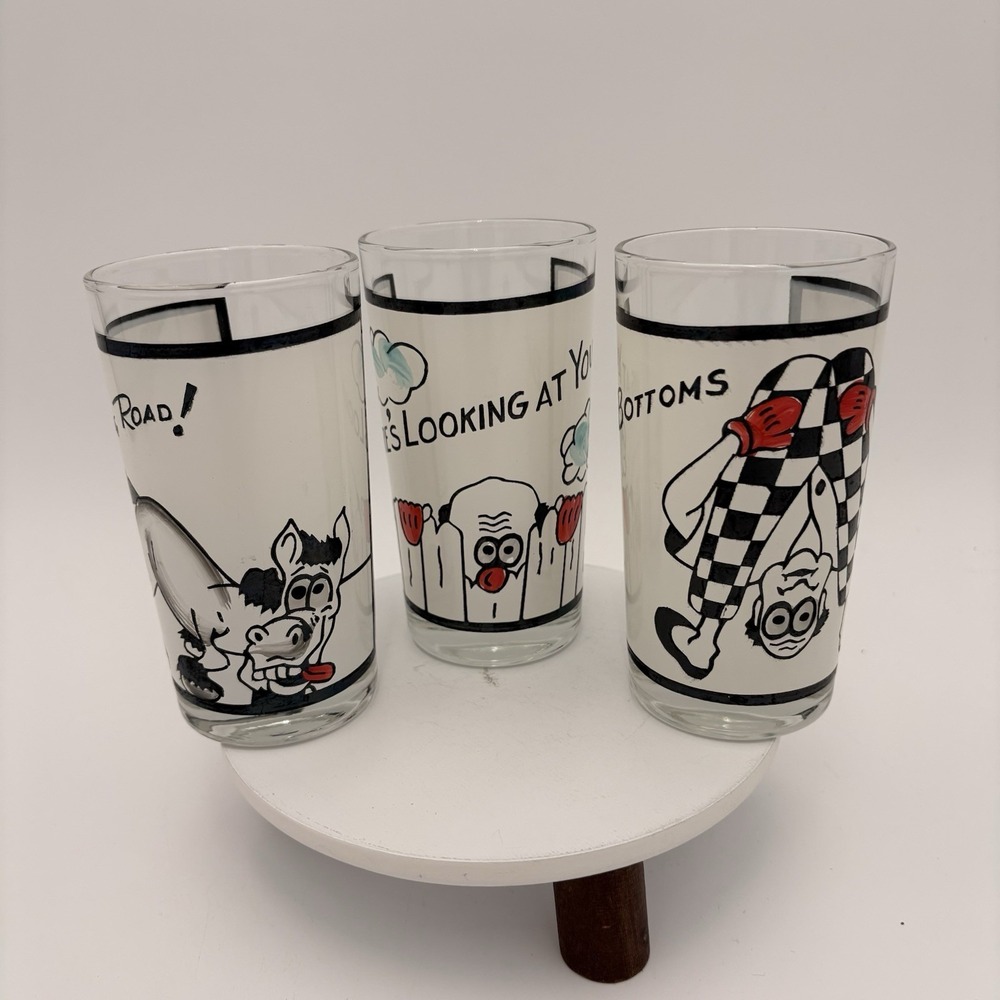 3 Vtg MCM Roving Eye Barware 10 oz Glasses Bottoms‎ Up Here's Looking At You